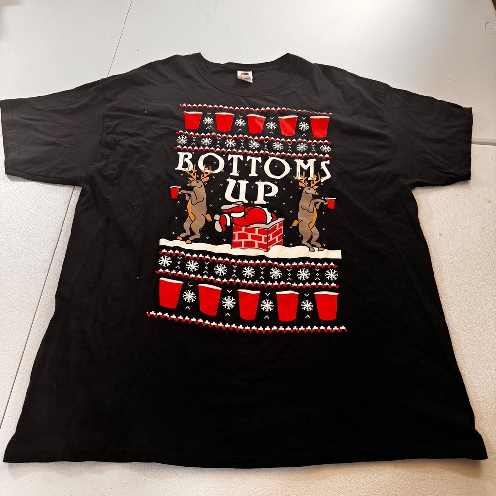 Y2K‎ Fruit of the Loom Men Graphic T Shirt Bottom Up Santa Reindeer Tee 2XL